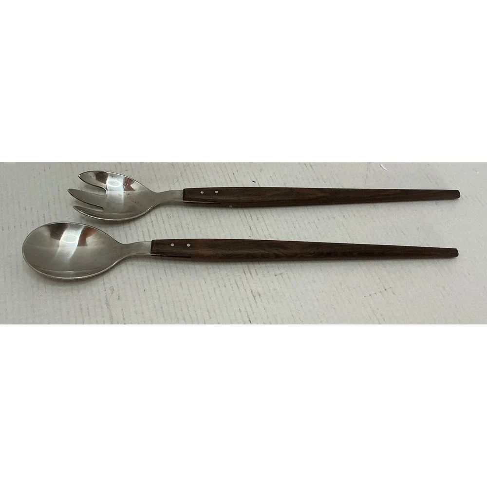 Hepe Vintage Salad Serving Set Stainless Wood Handle Denmark MCM Mid Century 12